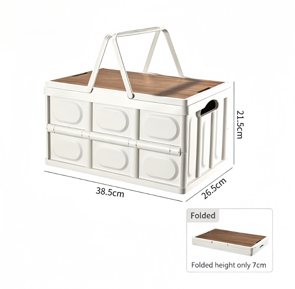 Collapsible Camping Storage Box with Wooden Lid | Folding Storage Crate