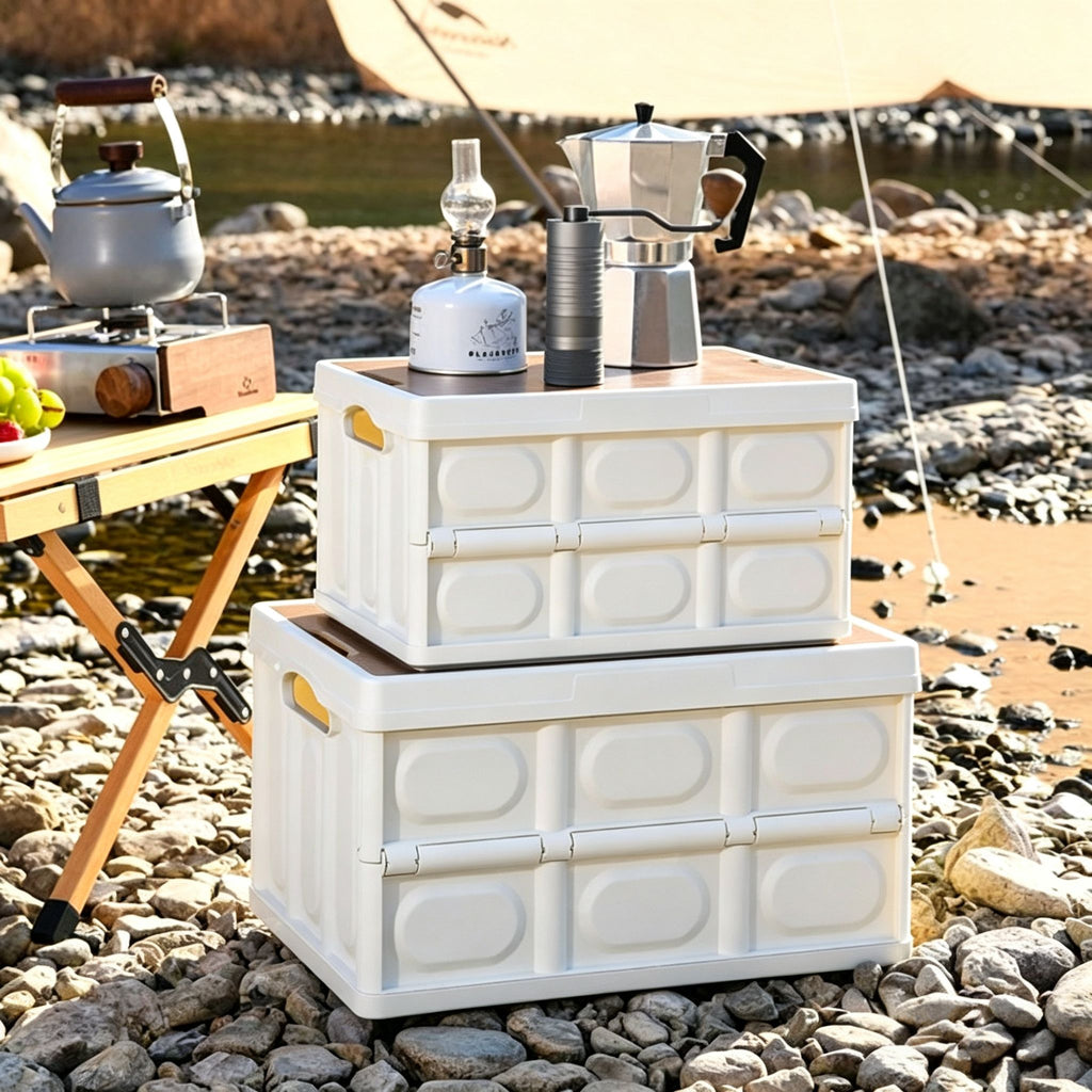 Collapsible Camping Storage Box with Wooden Lid | Folding Storage Crate