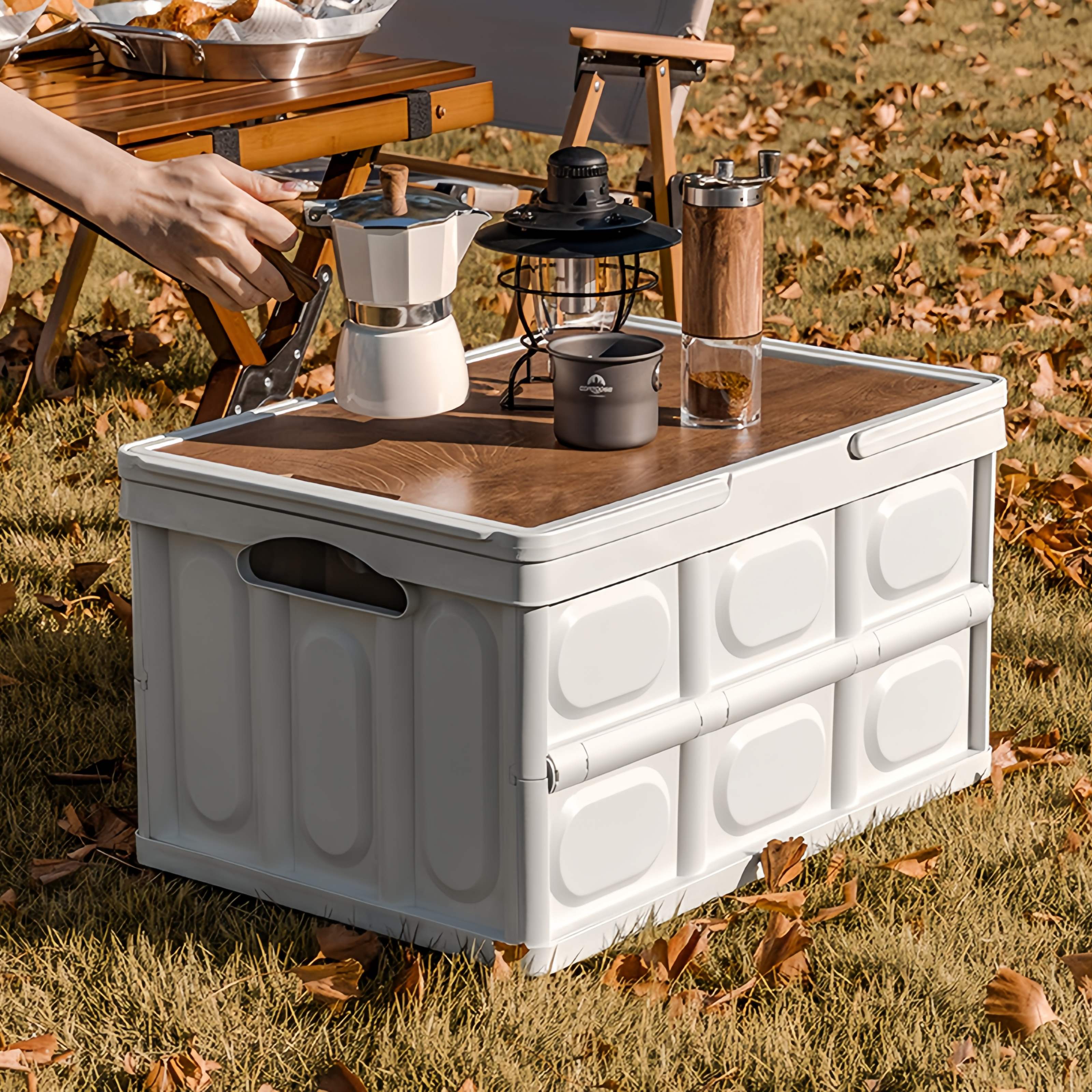 Collapsible Camping Storage Box with Wooden Lid | Folding Storage Crate