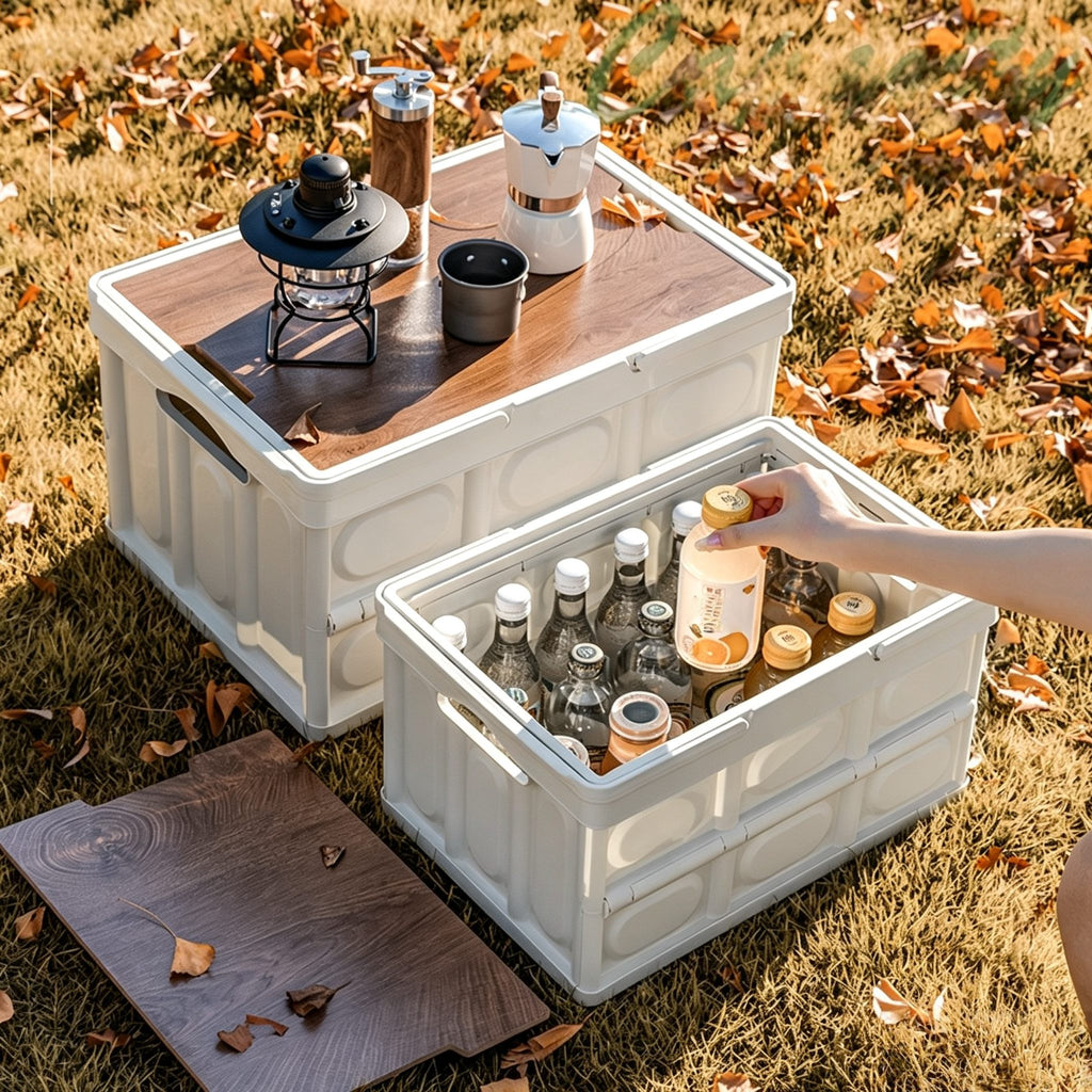Collapsible Camping Storage Box with Wooden Lid | Folding Storage Crate